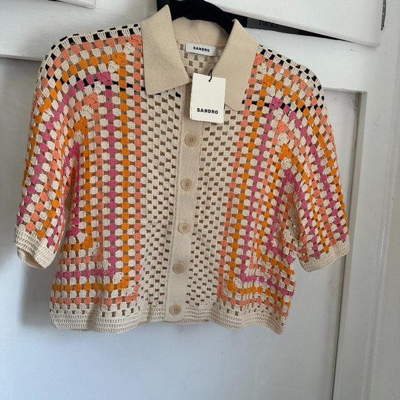 sandro sacramento crochet cardigan knit luke button down collared crop top - Picture 7 of 12